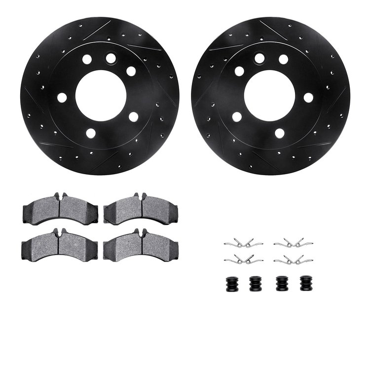 8512-40258 Drilled/Slotted Brake Rotors w/5000 Advanced Brake Pads Kit & Hardware [Black], 2003-2006 Mopar, Position: Front