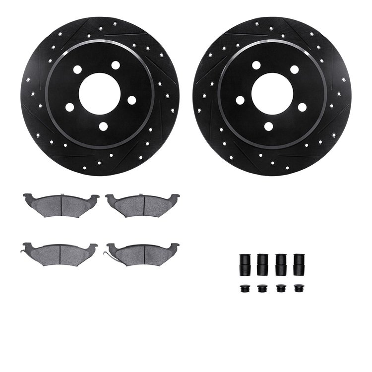 8512-40278 Drilled/Slotted Brake Rotors w/5000 Advanced Brake Pads Kit & Hardware [Black], 1997-2000 Mopar, Position: Rear
