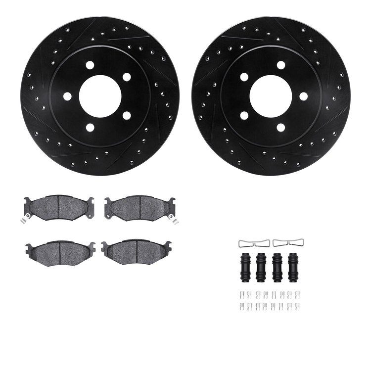 8512-40290 Drilled/Slotted Brake Rotors w/5000 Advanced Brake Pads Kit & Hardware [Black], 1991-1995 Mopar, Position: Front