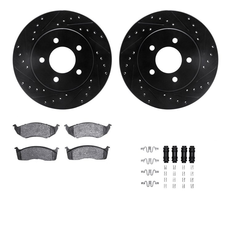 8512-40293 Drilled/Slotted Brake Rotors w/5000 Advanced Brake Pads Kit & Hardware [Black], 1996-2002 Mopar, Position: Front