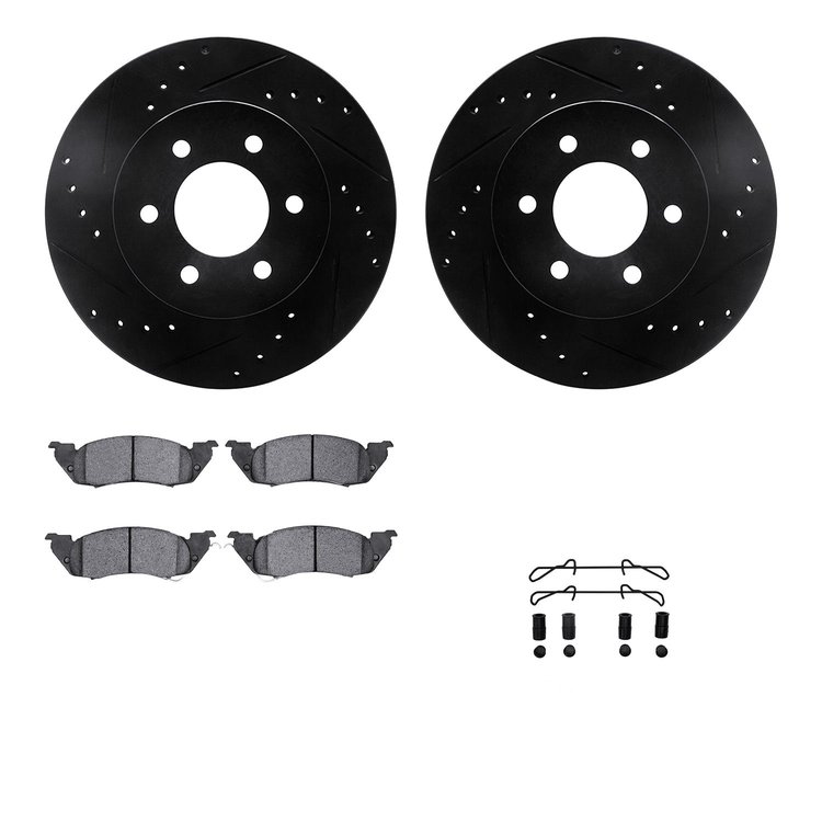 8512-40333 Drilled/Slotted Brake Rotors w/5000 Advanced Brake Pads Kit & Hardware [Black], 1991-1996 Mopar, Position: Front