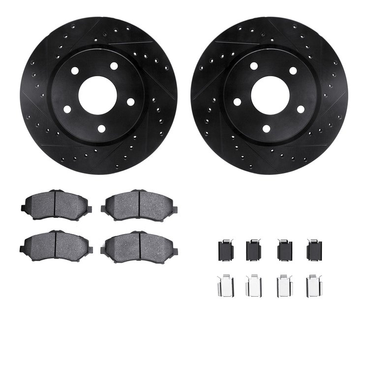 8512-40468 Drilled/Slotted Brake Rotors w/5000 Advanced Brake Pads Kit & Hardware [Black], 2008-2008 Mopar, Position: Front