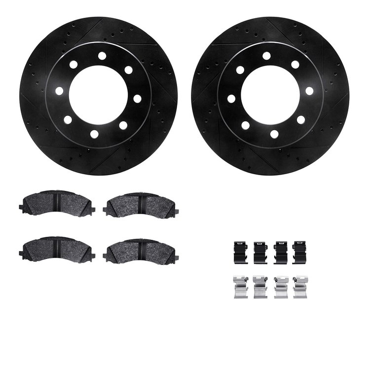 8512-40487 Drilled/Slotted Brake Rotors w/5000 Advanced Brake Pads Kit & Hardware [Black], Fits Select Mopar, Position: Front