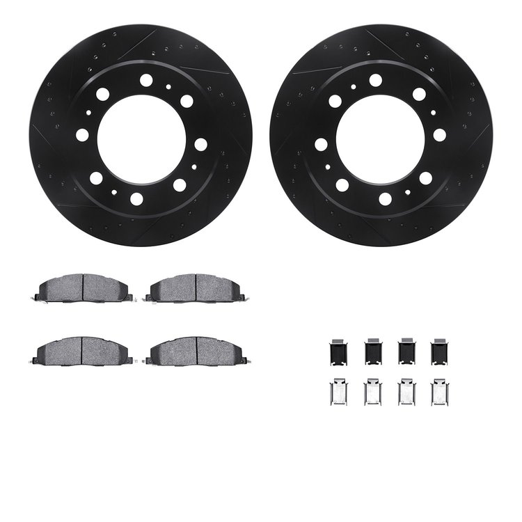 8512-40516 Drilled/Slotted Brake Rotors w/5000 Advanced Brake Pads Kit & Hardware [Black], 2009-2018 Mopar, Position: Rear