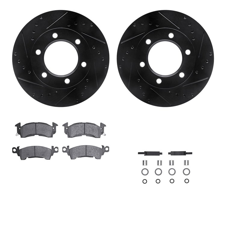 8512-42006 Drilled/Slotted Brake Rotors w/5000 Advanced Brake Pads Kit & Hardware [Black], 1971-1991 Multiple Makes/Models, Posi