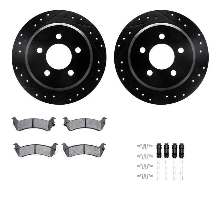 8512-42018 Drilled/Slotted Brake Rotors w/5000 Advanced Brake Pads Kit & Hardware [Black], 1993-1994 Mopar, Position: Rear