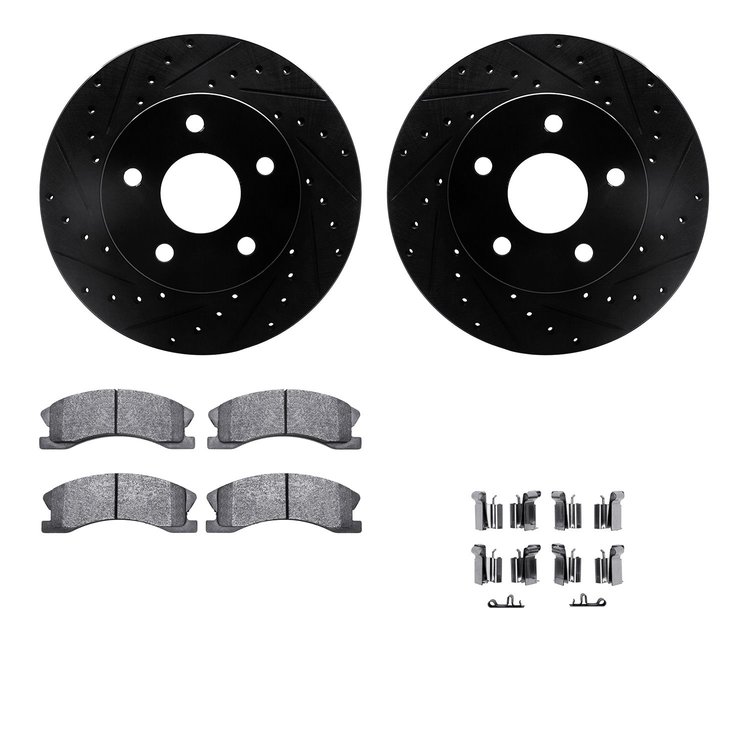 8512-42022 Drilled/Slotted Brake Rotors w/5000 Advanced Brake Pads Kit & Hardware [Black], 1999-2004 Mopar, Position: Front