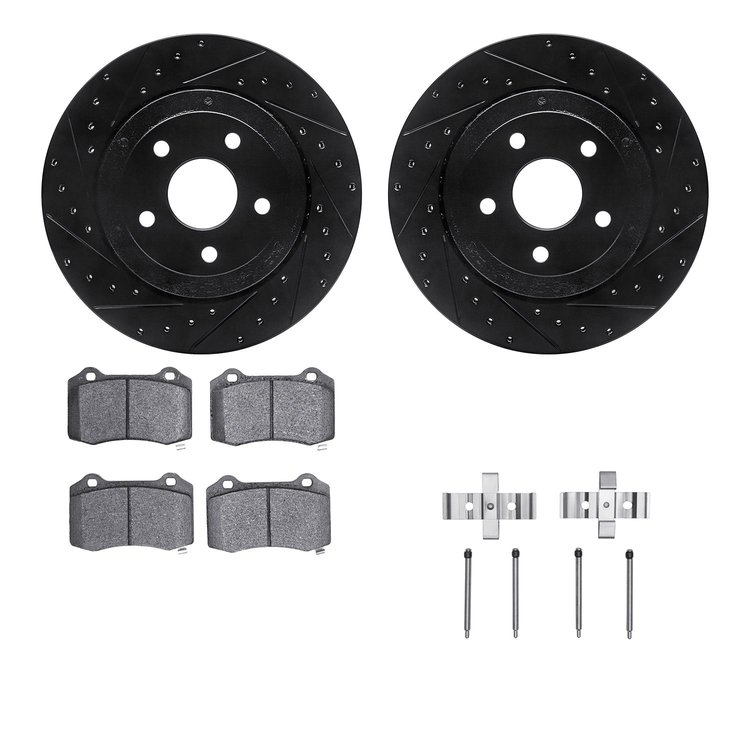 8512-42024 Drilled/Slotted Brake Rotors w/5000 Advanced Brake Pads Kit & Hardware [Black], 2006-2010 Mopar, Position: Rear