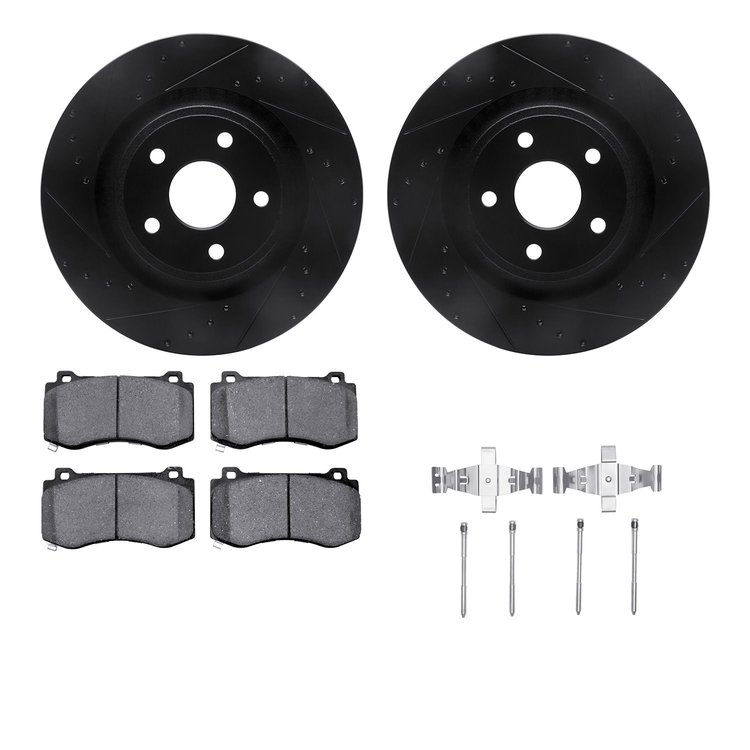 8512-42029 Drilled/Slotted Brake Rotors w/5000 Advanced Brake Pads Kit & Hardware [Black], 2006-2010 Mopar, Position: Front
