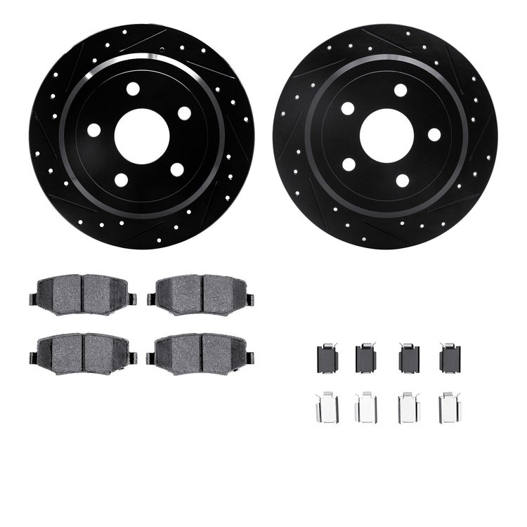 8512-42035 Drilled/Slotted Brake Rotors w/5000 Advanced Brake Pads Kit & Hardware [Black], 2007-2018 Mopar, Position: Rear