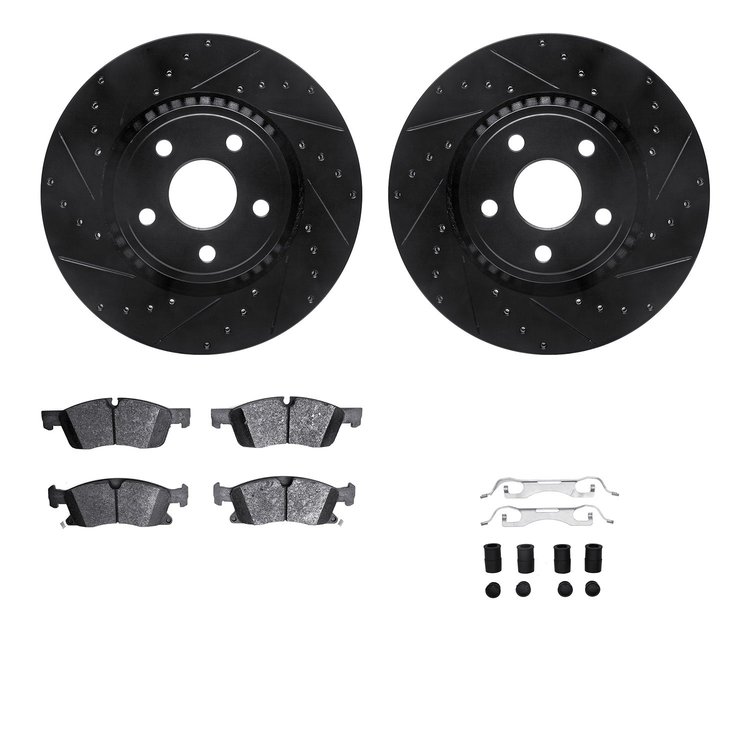 8512-42049 Drilled/Slotted Brake Rotors w/5000 Advanced Brake Pads Kit & Hardware [Black], 2013-2021 Mopar, Position: Front