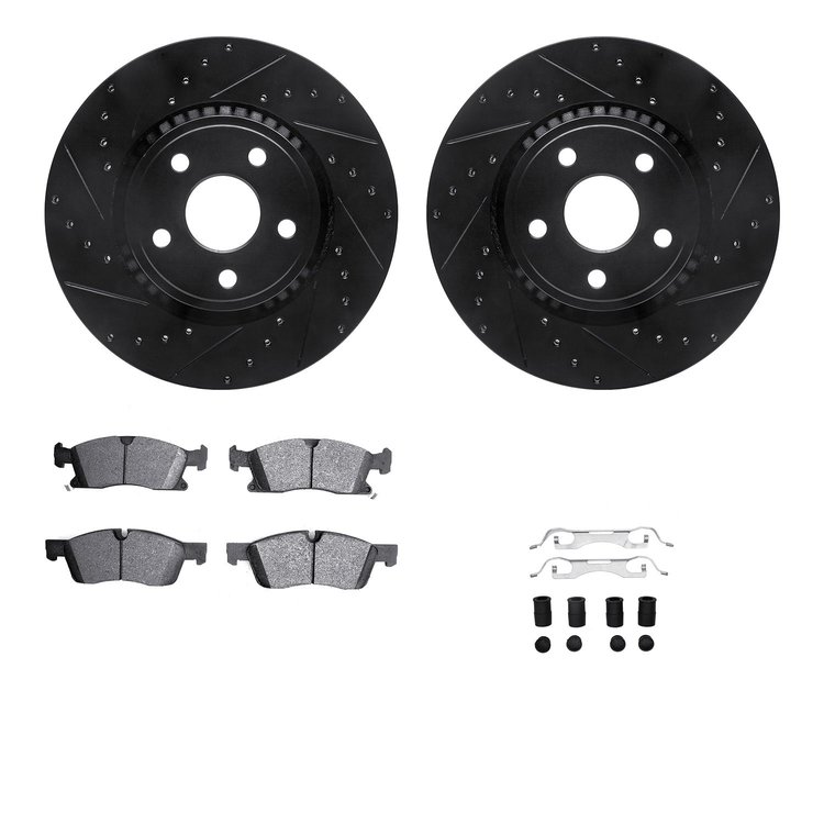 8512-42051 Drilled/Slotted Brake Rotors w/5000 Advanced Brake Pads Kit & Hardware [Black], Fits Select Mopar, Position: Front