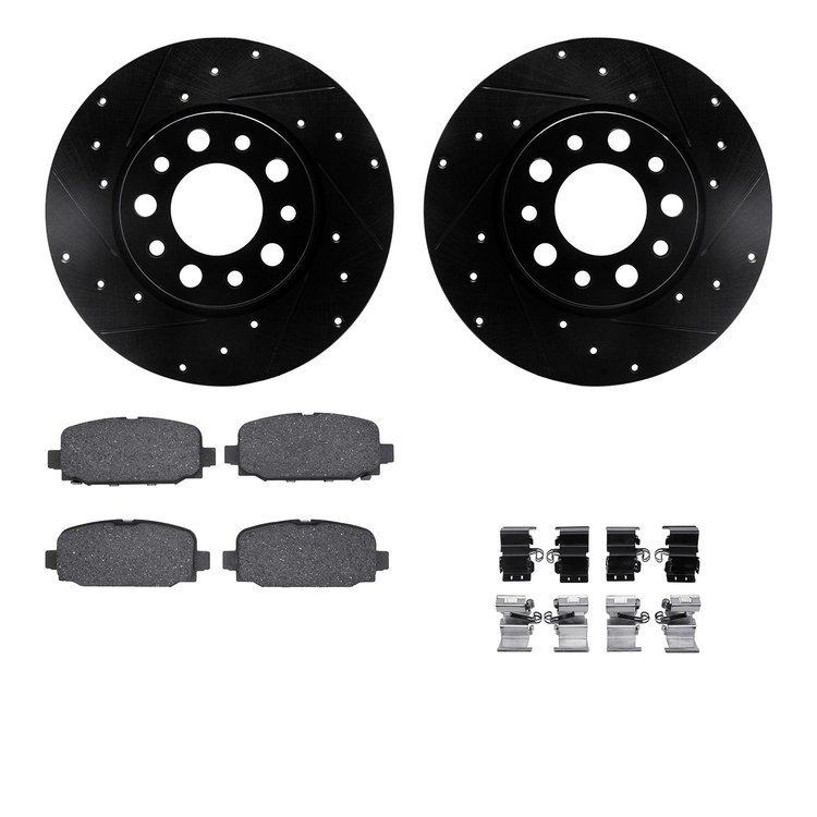 8512-42052 Drilled/Slotted Brake Rotors w/5000 Advanced Brake Pads Kit & Hardware [Black], Fits Select Mopar, Position: Rear