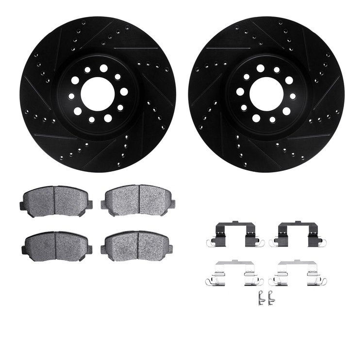 8512-42055 Drilled/Slotted Brake Rotors w/5000 Advanced Brake Pads Kit & Hardware [Black], 2015-2015 Mopar, Position: Front