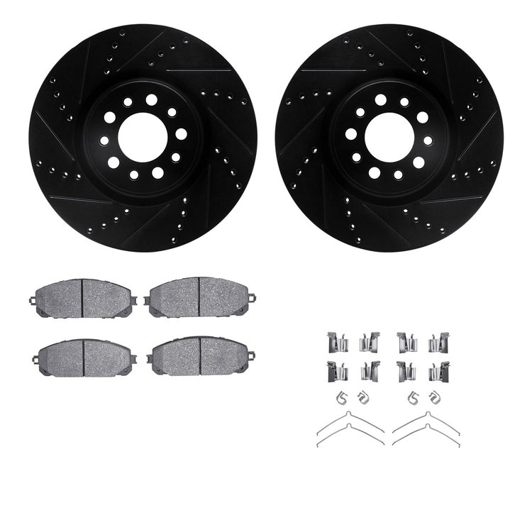 8512-42056 Drilled/Slotted Brake Rotors w/5000 Advanced Brake Pads Kit & Hardware [Black], 2015-2021 Mopar, Position: Front