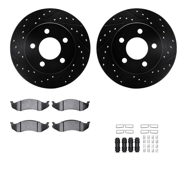 8512-42058 Drilled/Slotted Brake Rotors w/5000 Advanced Brake Pads Kit & Hardware [Black], 1993-1999 Mopar, Position: Front
