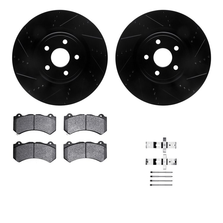 8512-42094 Drilled/Slotted Brake Rotors w/5000 Advanced Brake Pads Kit & Hardware [Black], Fits Select Mopar, Position: Front