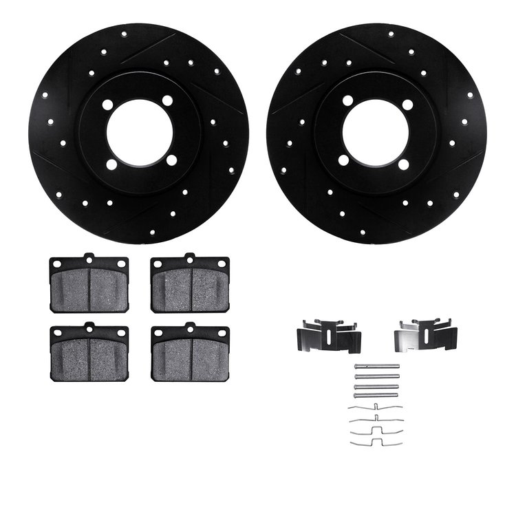 8512-43001 Drilled/Slotted Brake Rotors w/5000 Advanced Brake Pads Kit & Hardware [Black], 1974-1987 Multiple Makes/Models, Posi