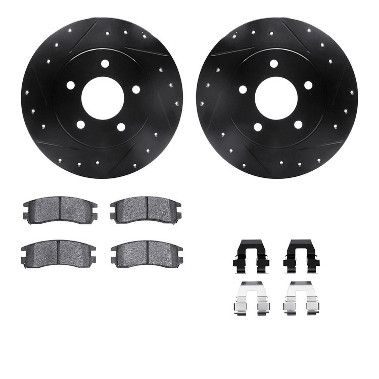 8512-45000 Drilled/Slotted Brake Rotors w/5000 Advanced Brake Pads Kit & Hardware [Black], 1994-1997 GM, Position: Rear