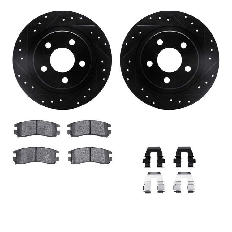 8512-45001 Drilled/Slotted Brake Rotors w/5000 Advanced Brake Pads Kit & Hardware [Black], 2000-2005 GM, Position: Rear