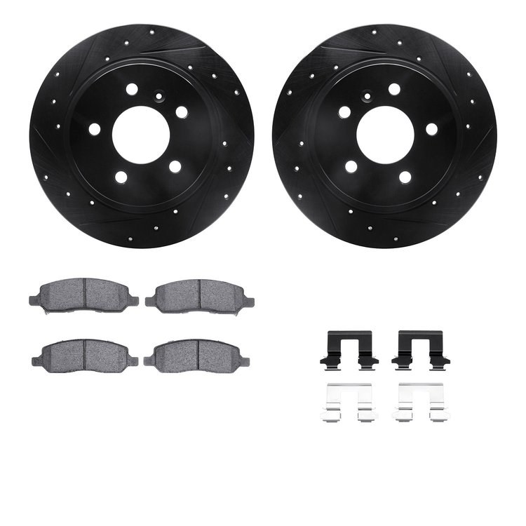 8512-45005 Drilled/Slotted Brake Rotors w/5000 Advanced Brake Pads Kit & Hardware [Black], 2006-2011 GM, Position: Rear