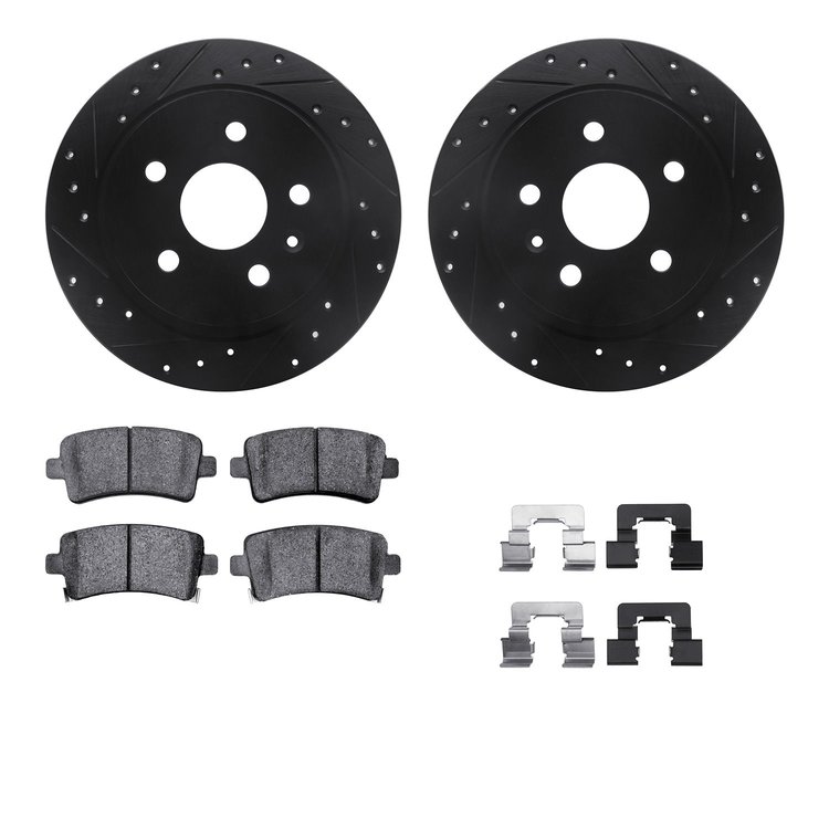 8512-45008 Drilled/Slotted Brake Rotors w/5000 Advanced Brake Pads Kit & Hardware [Black], 2011-2011 GM, Position: Rear