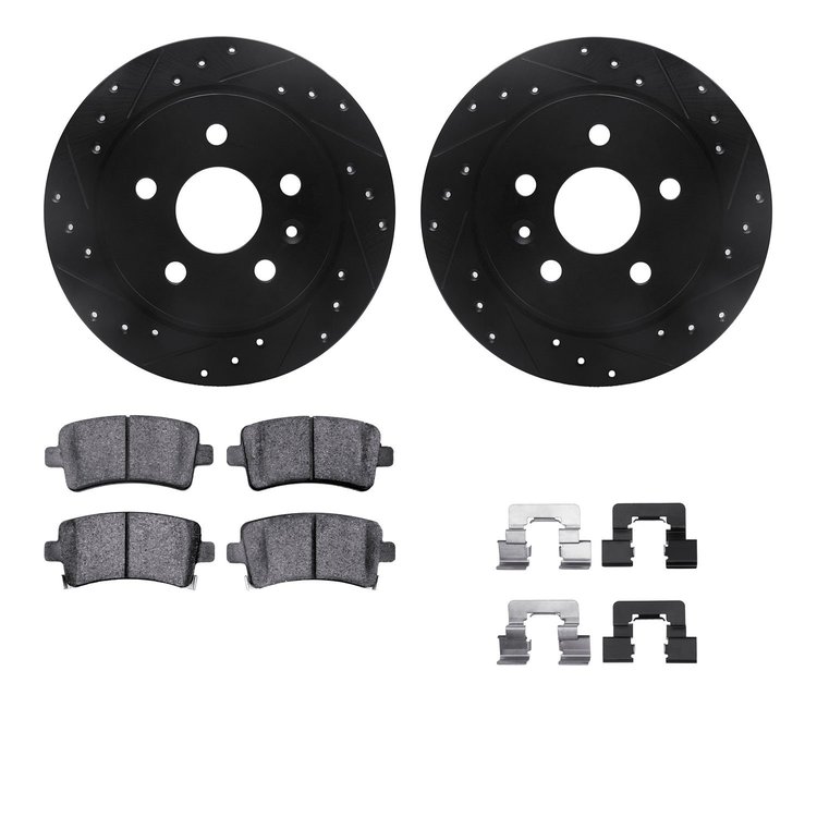 8512-45009 Drilled/Slotted Brake Rotors w/5000 Advanced Brake Pads Kit & Hardware [Black], 2011-2016 GM, Position: Rear