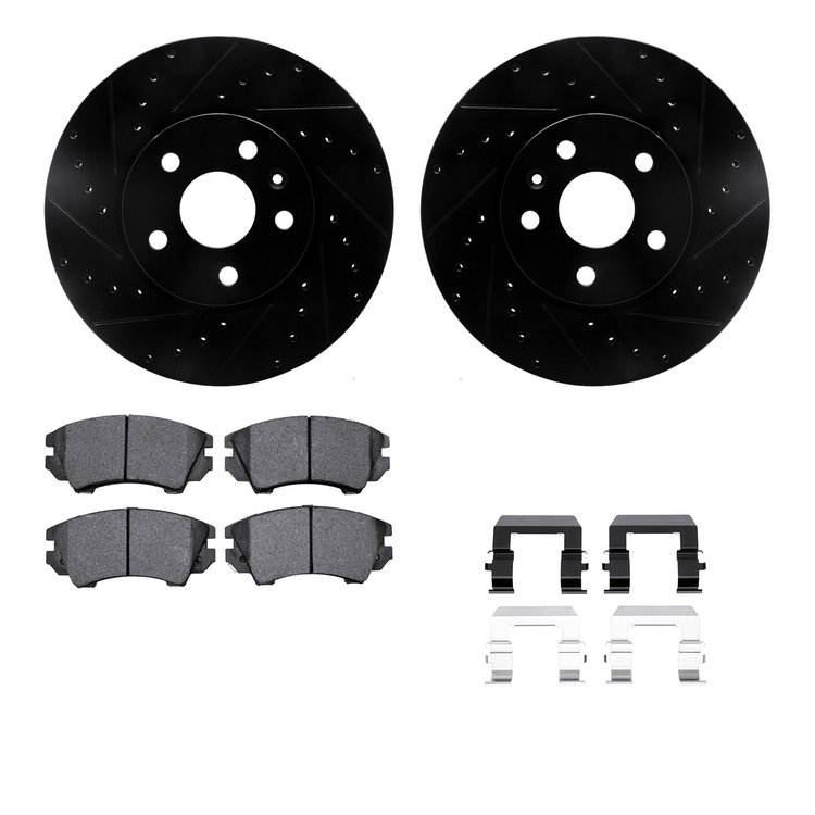 8512-45011 Drilled/Slotted Brake Rotors w/5000 Advanced Brake Pads Kit & Hardware [Black], 2010-2015 GM, Position: Front