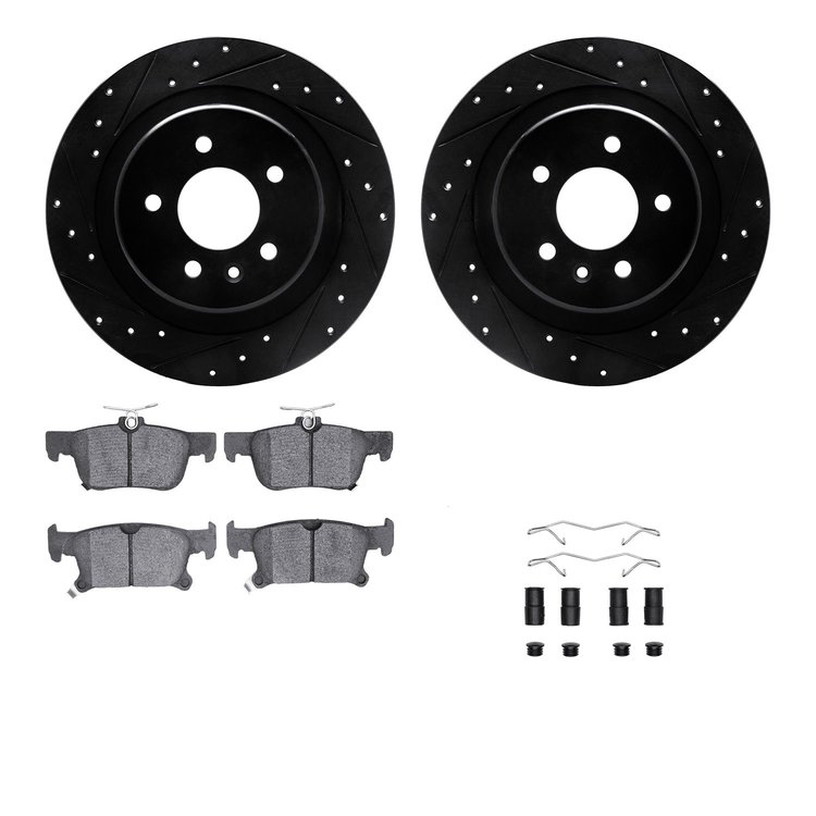 8512-45034 Drilled/Slotted Brake Rotors w/5000 Advanced Brake Pads Kit & Hardware [Black], 2016-2018 GM, Position: Rear
