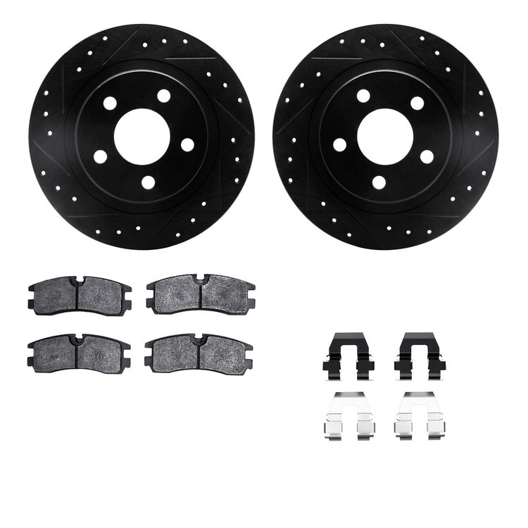 8512-45043 Drilled/Slotted Brake Rotors w/5000 Advanced Brake Pads Kit & Hardware [Black], 1998-2003 GM, Position: Rear