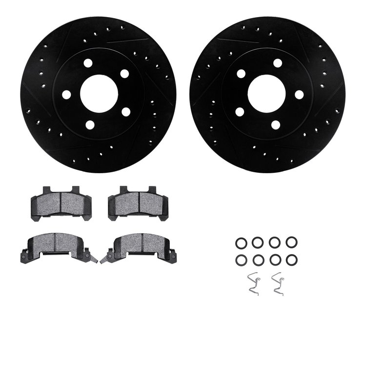 8512-45050 Drilled/Slotted Brake Rotors w/5000 Advanced Brake Pads Kit & Hardware [Black], 1980-1989 GM, Position: Front