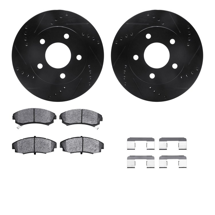 8512-45053 Drilled/Slotted Brake Rotors w/5000 Advanced Brake Pads Kit & Hardware [Black], 1986-1992 GM, Position: Front