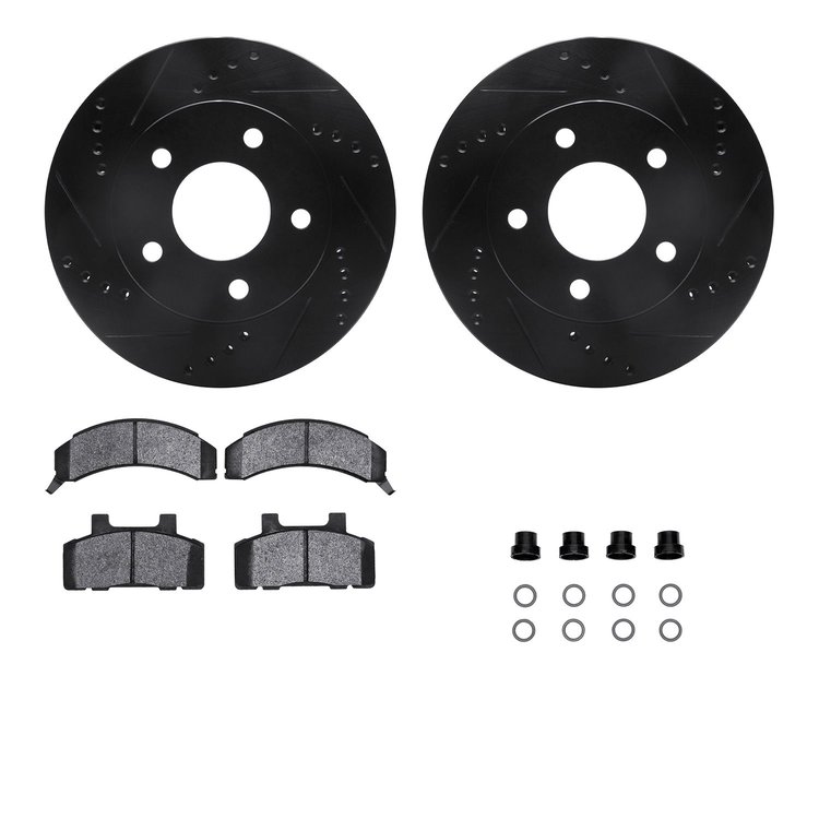 8512-45054 Drilled/Slotted Brake Rotors w/5000 Advanced Brake Pads Kit & Hardware [Black], 1983-1990 GM, Position: Front