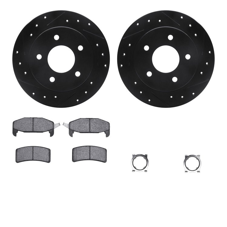 8512-45062 Drilled/Slotted Brake Rotors w/5000 Advanced Brake Pads Kit & Hardware [Black], 1988-1994 GM, Position: Rear