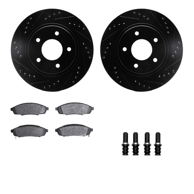 8512-45071 Drilled/Slotted Brake Rotors w/5000 Advanced Brake Pads Kit & Hardware [Black], 1994-2001 GM, Position: Front