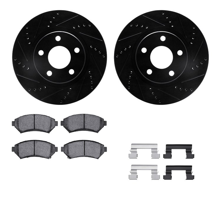 8512-45074 Drilled/Slotted Brake Rotors w/5000 Advanced Brake Pads Kit & Hardware [Black], 1997-2005 GM, Position: Front