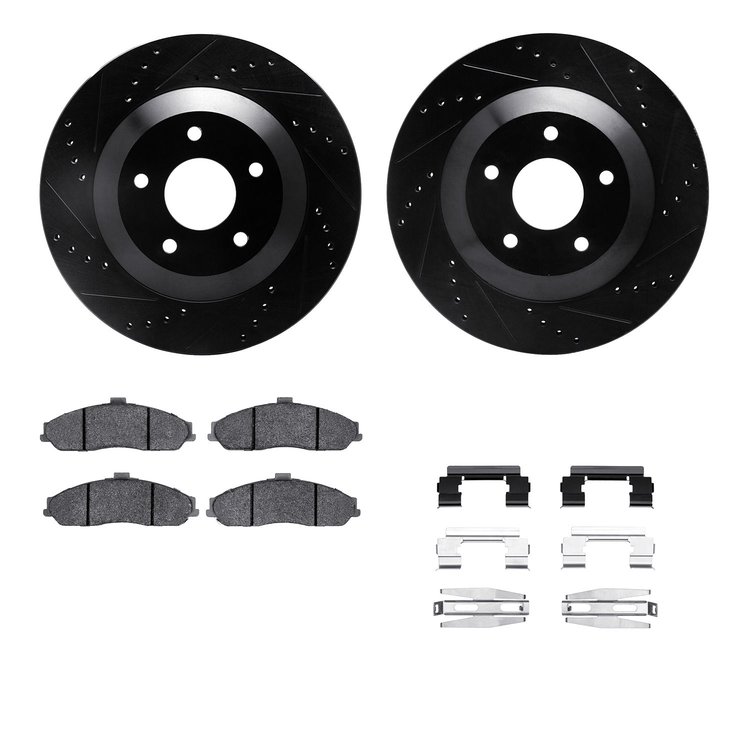 8512-46003 Drilled/Slotted Brake Rotors w/5000 Advanced Brake Pads Kit & Hardware [Black], 1997-2004 GM, Position: Front