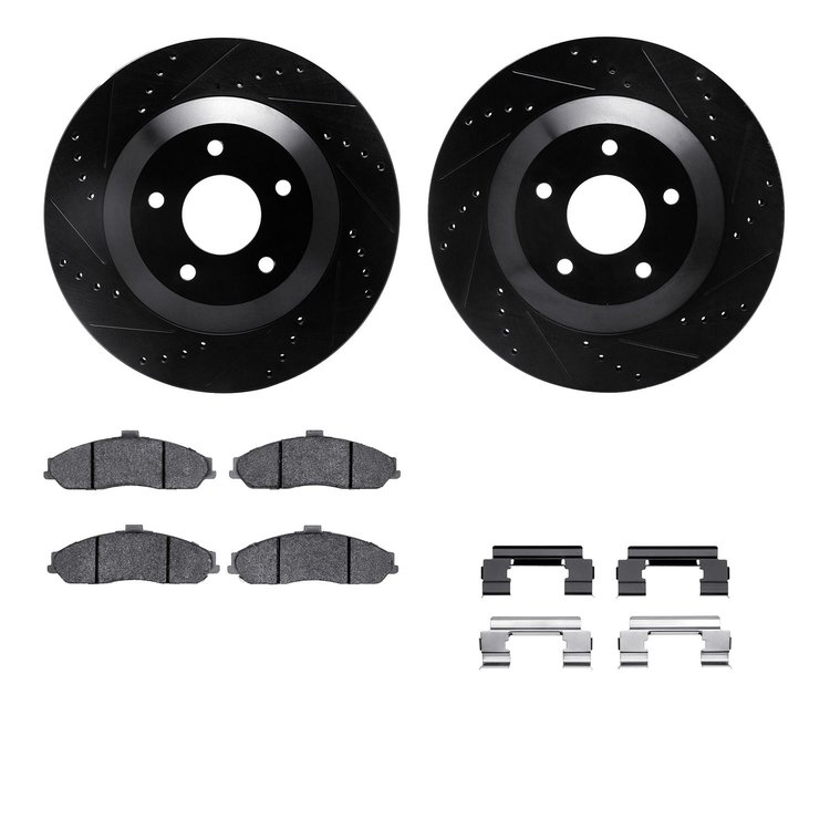 8512-46004 Drilled/Slotted Brake Rotors w/5000 Advanced Brake Pads Kit & Hardware [Black], 2004-2009 GM, Position: Front