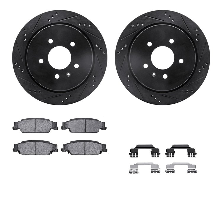 8512-46009 Drilled/Slotted Brake Rotors w/5000 Advanced Brake Pads Kit & Hardware [Black], 2003-2011 GM, Position: Rear