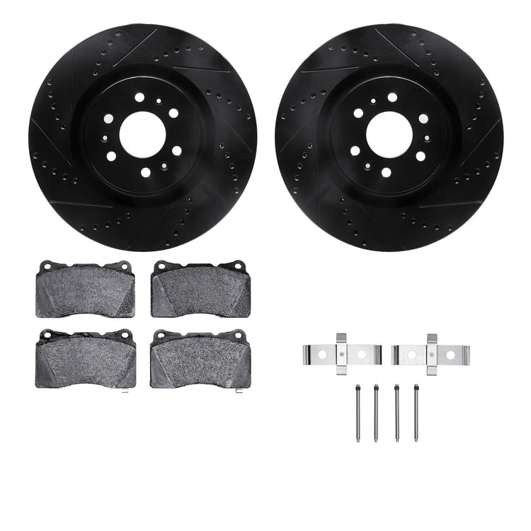8512-46011 Drilled/Slotted Brake Rotors w/5000 Advanced Brake Pads Kit & Hardware [Black], 2004-2011 GM, Position: Front