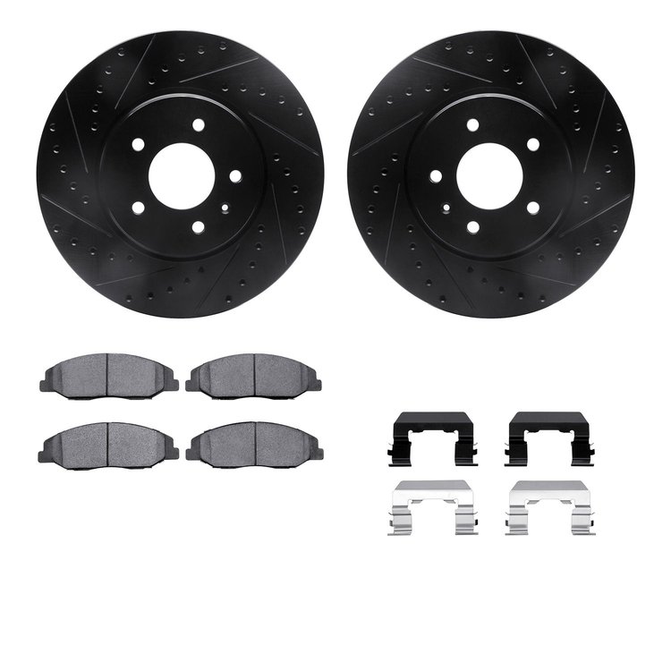 8512-46025 Drilled/Slotted Brake Rotors w/5000 Advanced Brake Pads Kit & Hardware [Black], 2009-2011 GM, Position: Front