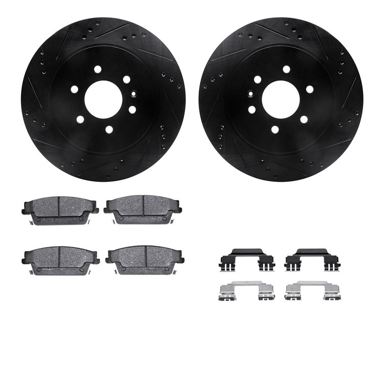 8512-46037 Drilled/Slotted Brake Rotors w/5000 Advanced Brake Pads Kit & Hardware [Black], 2004-2009 GM, Position: Rear