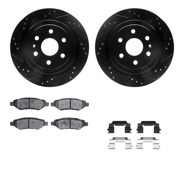 8512-46046 Drilled/Slotted Brake Rotors w/5000 Advanced Brake Pads Kit & Hardware [Black], 2010-2016 GM, Position: Rear