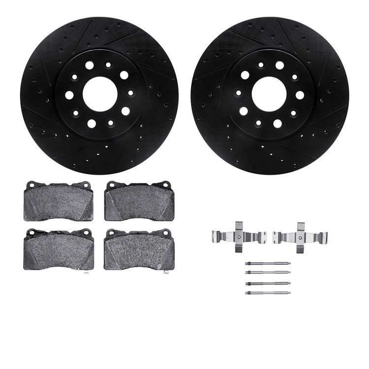 8512-46048 Drilled/Slotted Brake Rotors w/5000 Advanced Brake Pads Kit & Hardware [Black], 2016-2020 GM, Position: Front