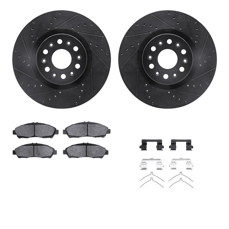 8512-46057 Drilled/Slotted Brake Rotors w/5000 Advanced Brake Pads Kit & Hardware [Black], 2017-2020 GM, Position: Front