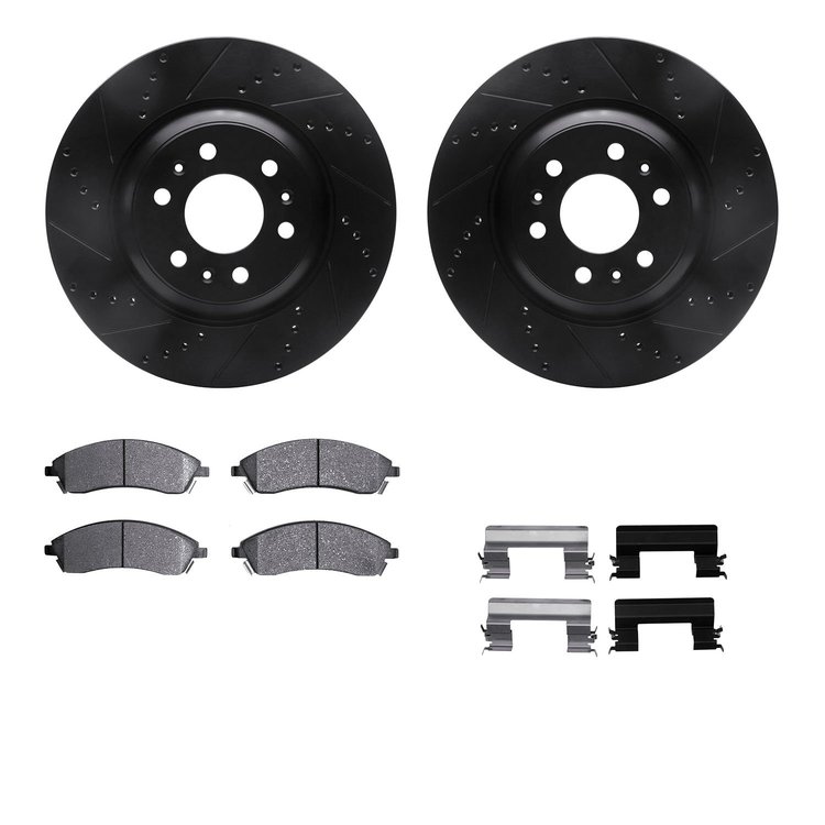8512-46062 Drilled/Slotted Brake Rotors w/5000 Advanced Brake Pads Kit & Hardware [Black], 2004-2009 GM, Position: Front