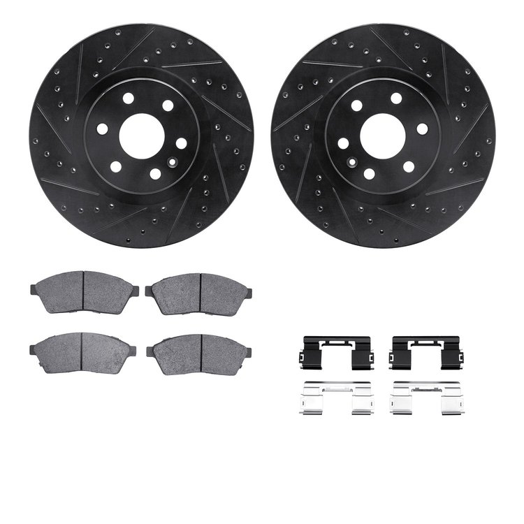 8512-46064 Drilled/Slotted Brake Rotors w/5000 Advanced Brake Pads Kit & Hardware [Black], 2010-2016 GM, Position: Front