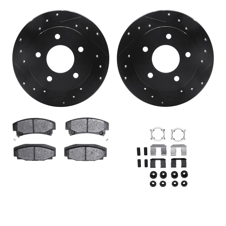 8512-46070 Drilled/Slotted Brake Rotors w/5000 Advanced Brake Pads Kit & Hardware [Black], 1986-1992 GM, Position: Rear