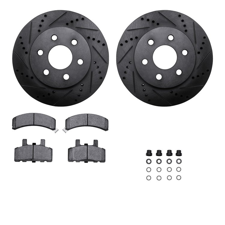 8512-46092 Drilled/Slotted Brake Rotors w/5000 Advanced Brake Pads Kit & Hardware [Black], 1998-1999 GM, Position: Front