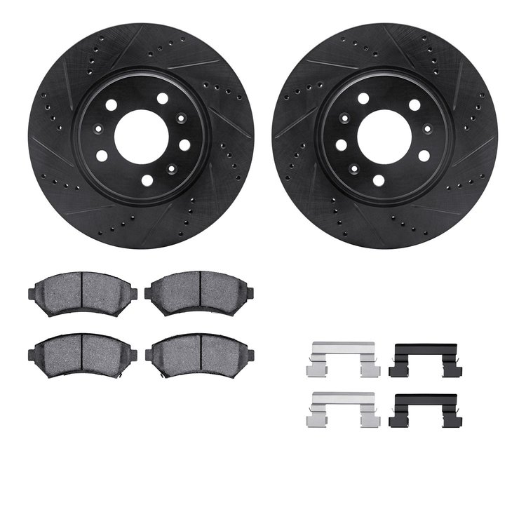 8512-46109 Drilled/Slotted Brake Rotors w/5000 Advanced Brake Pads Kit & Hardware [Black], 2004-2004 GM, Position: Front